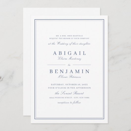 Elegant grenzt an staubige blaue Minimalistin Einladung (Vorne/Hinten)