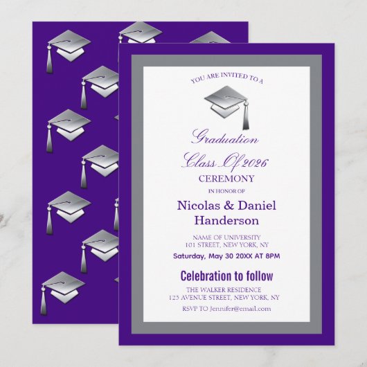Elegant grey caps graduation ceremony invitation einladung (Vorne/Hinten)