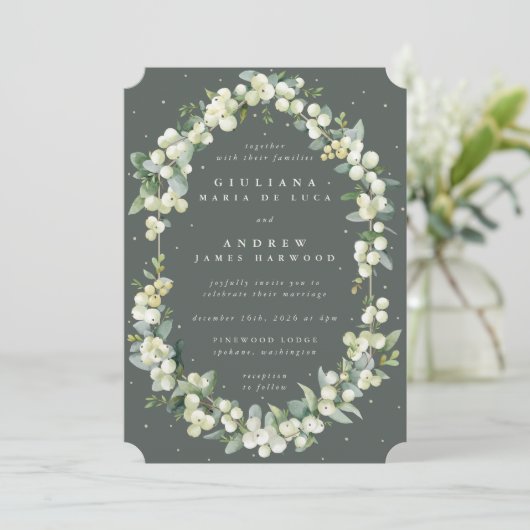Elegant Grey Green Snowberry+Eucalyptus Wedding Einladung (Stehend Vorderseite)