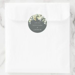 Elegant Grey Green Snowberry+Eucalyptus Wedding Runder Aufkleber