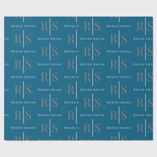 Elegant Grey Monogram & White Name, Blue Geschenkpapier (Saum)