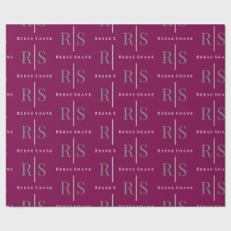 Elegant Grey Monogram & White Name, Maroon Geschenkpapier