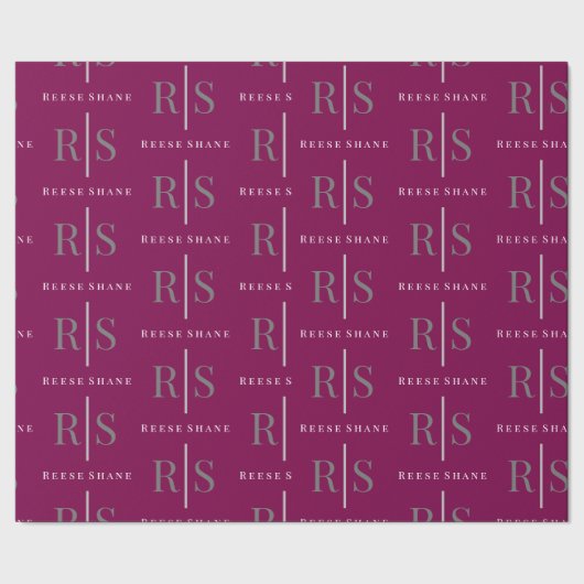 Elegant Grey Monogram & White Name, Maroon Geschenkpapier (Saum)