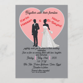 Elegant Grey Pink Heart Bride Groom Invitation Einladung