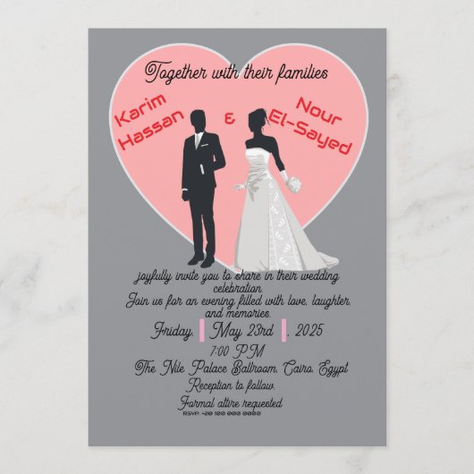 Elegant Grey Pink Heart Bride Groom Invitation Einladung (Vorderseite)