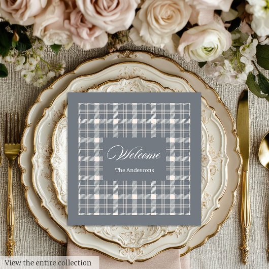 Elegant grey plaid tartan personalized napkins serviette