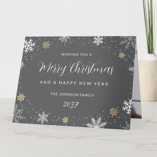 Elegant Grey Snowflakes Photo Holiday Card Karte (Vorderseite)