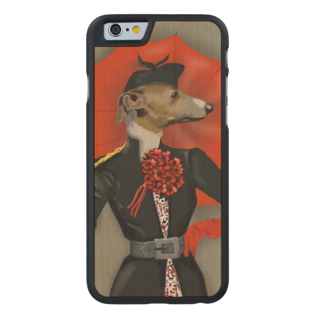 Elegant Greyhound und Roter Regenschirm Carved Wood iPhone Hülle (Rückseite)