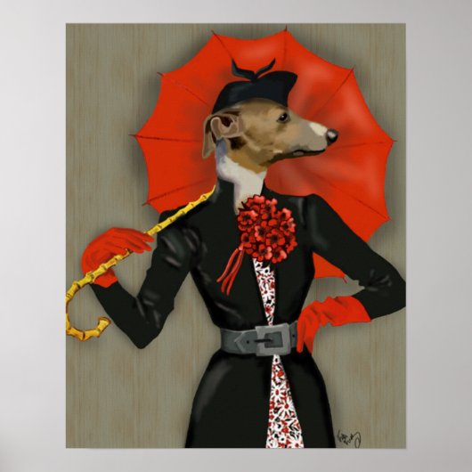 Elegant Greyhound und Roter Regenschirm Poster (Vorne)