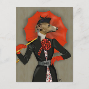 Elegant Greyhound und Roter Regenschirm Postkarte