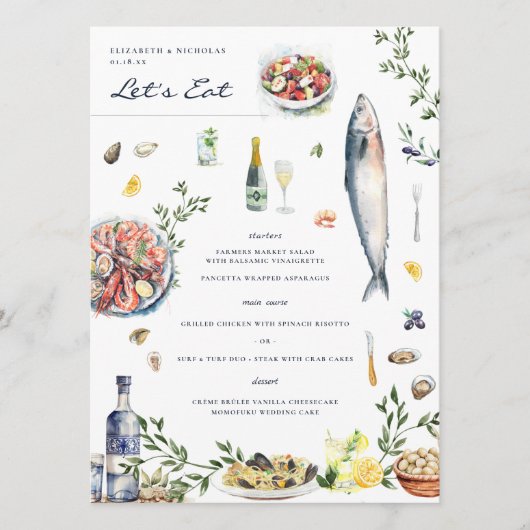 Elegant Griechisch Themed | Illustriertes Mittelme Menükarte (Vorderseite)