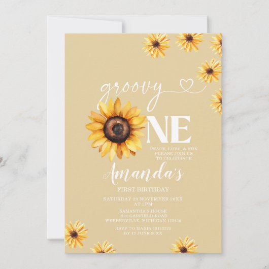 Elegant Groovy One Birthday Boho Sonnenblumen Einladung (Vorderseite)