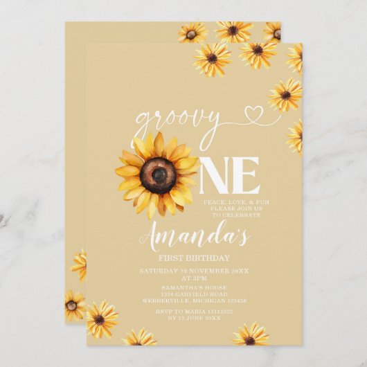 Elegant Groovy One Birthday Boho Sonnenblumen Einladung (Vorne/Hinten)