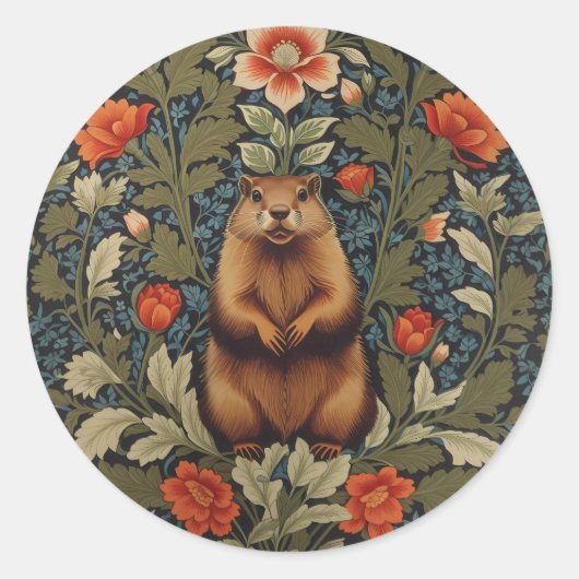 Elegant Groundhog William Morris Inspiriert Runder Aufkleber (Vorderseite)
