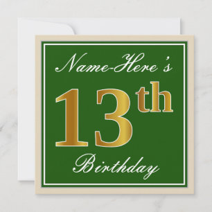 Elegant, Grün, Falsches Gold 13. Geburtstag + Name Einladung