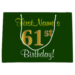 Elegant, Grün, Falsches Gold 61. Geburtstag + Name Große Geschenktüte