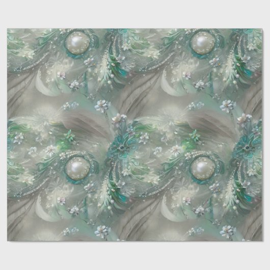 Elegant grün, grau und weiß Blüten & Bejeweled Geschenkpapier (Flach)