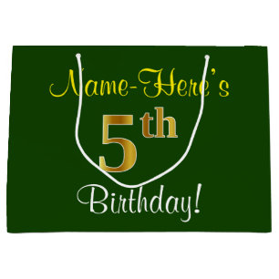 Elegant, grün, Imitat-Gold5. Geburtstag + Name Große Geschenktüte