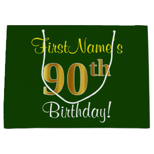 Elegant, grün, Imitat-Gold90. Geburtstag + Name Große Geschenktüte