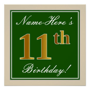 Elegant, grün, Imitate Gold 11. Geburtstag + Name Poster