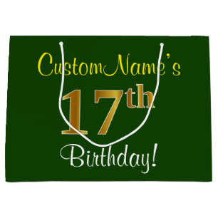 Elegant, grün, Imitate Gold 17. Geburtstag + Name Große Geschenktüte