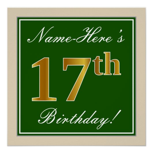 Elegant, grün, Imitate Gold 17. Geburtstag + Name Poster (Vorderseite)