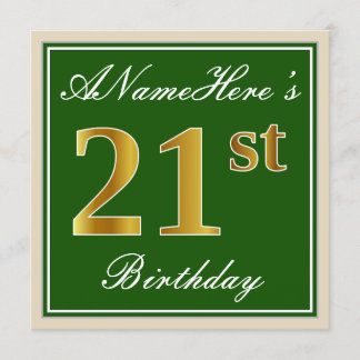 Elegant, grün, Imitate Gold 21. Geburtstag + Name Einladung