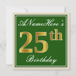Elegant, grün, Imitate Gold 25. Geburtstag + Name Einladung