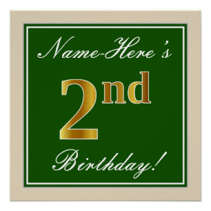 Elegant, grün, Imitate Gold 2. Geburtstag + Name Poster
