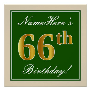 Elegant, grün, Imitate Gold 66. Geburtstag + Name Poster