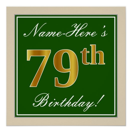 Elegant, grün, Imitate Gold 79. Geburtstag + Name Poster (Vorderseite)