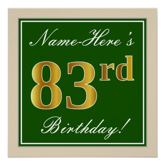 Elegant, grün, Imitate Gold 83. Geburtstag + Name Poster (Vorderseite)