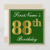 Elegant, grün, Imitate Gold 88. Geburtstag + Name Einladung (Vorne/Hinten)