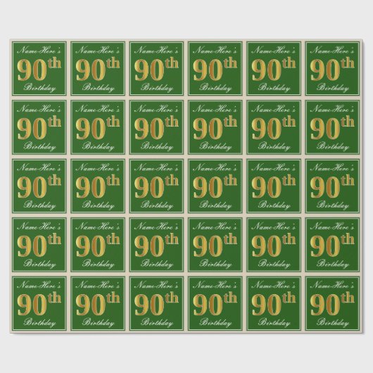 Elegant, grün, Imitate Gold 90. Geburtstag + Name Geschenkpapier (Flach)