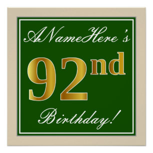 Elegant, grün, Imitate Gold 92. Geburtstag + Name Poster