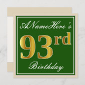 Elegant, Grün, Imitate Gold 93. Geburtstag + Name Einladung (Vorne/Hinten)