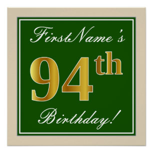 Elegant, grün, Imitate Gold 94. Geburtstag + Name Poster