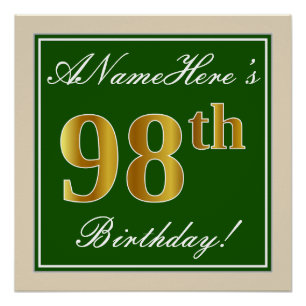 Elegant, grün, Imitate Gold 98. Geburtstag + Name Poster