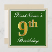 Elegant, grün, Imitate Gold 9. Geburtstag + Name Einladung (Vorne/Hinten)