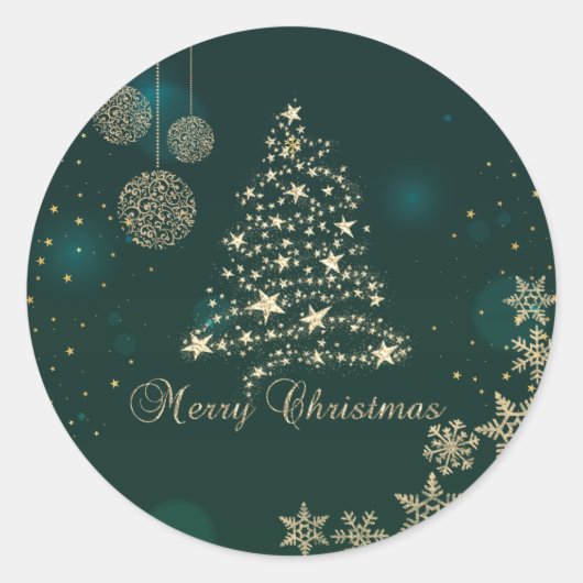 Elegant grün,Imitate Gold Weihnachtsbaum,Schneeflo Runder Aufkleber (Vorderseite)