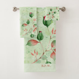 Elegant Grün und Rosa Blumen Badhandtuch Set