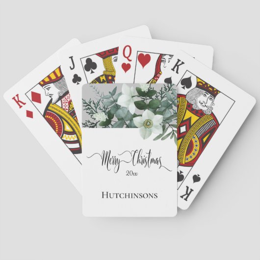 Elegant Grün Weiße Winter Blüte Frohe Weihnachten Spielkarten (Rückseite)