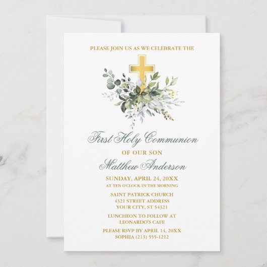 Elegant Grüne Kommunion Sage Green Einladung (Vorderseite)