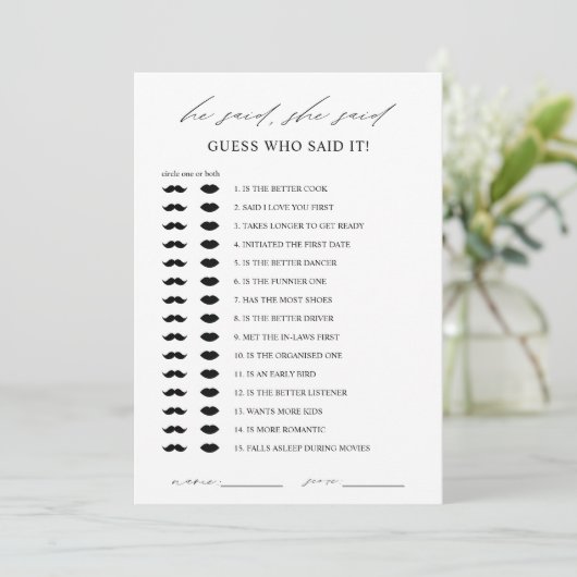 Elegant Guess Who Brautparty Game Card Einladung (Stehend Vorderseite)