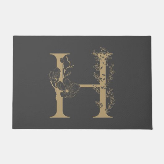 Elegant H Boho Floral Monogram Initial Gray Gold Fußmatte (Vorderseite)