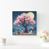 Elegant Hanami Cherry Blossom Wall Clock Quadratische Wanduhr (Zuhause)