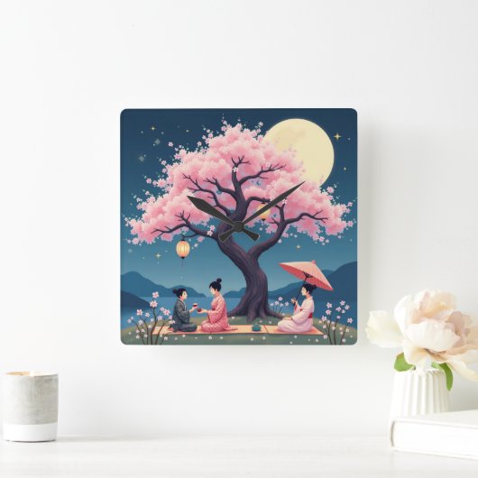 Elegant Hanami Cherry Blossom Wall Clock Quadratische Wanduhr (Zuhause)