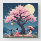 Elegant Hanami Cherry Blossom Wall Clock Quadratische Wanduhr (Vorderseite)