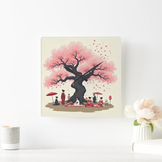 Elegant Hanami Cherry Blossom Wall Clock Quadratische Wanduhr (Zuhause)