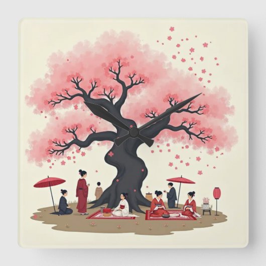 Elegant Hanami Cherry Blossom Wall Clock Quadratische Wanduhr (Vorderseite)